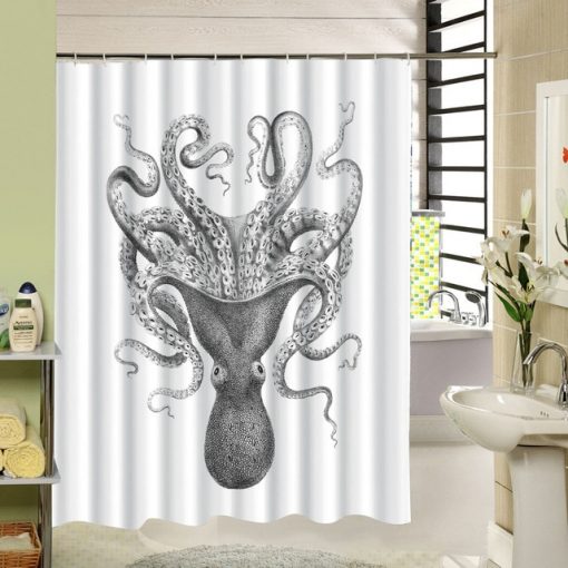 Octopus Shower Curtain Black and White Sea Animal Pattern AI