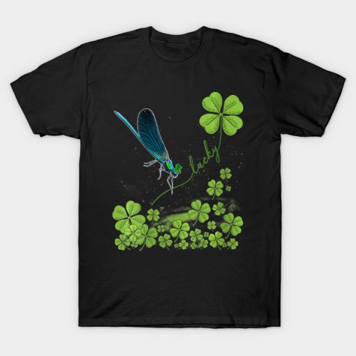 Womens Lucky Dragonfly Shamrock St Patrick's Day V-Neck T-Shirt AI